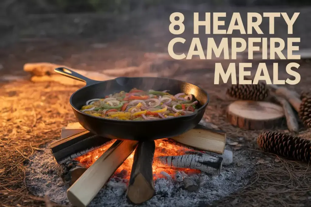 Cast Iron Skillet Sizzling Fajitas Over Glowing Campfire Coals At Dusk
