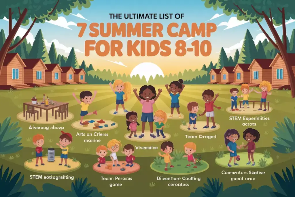 Children Engaged In Various Summer Camp Activities Under Sunny Sky Illustration