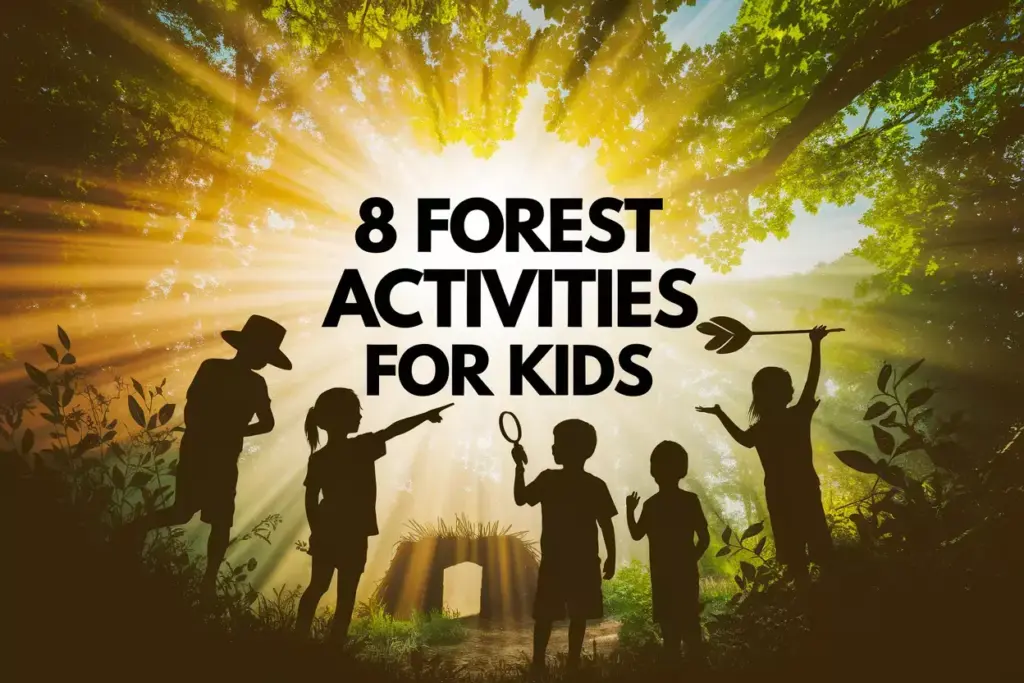 Children Exploring Sunlit Forest Engaging In Nature Discovery Activities