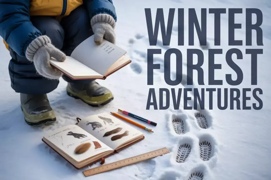 Childs Hands Documenting Animal Tracks In Snowy Forest Journal