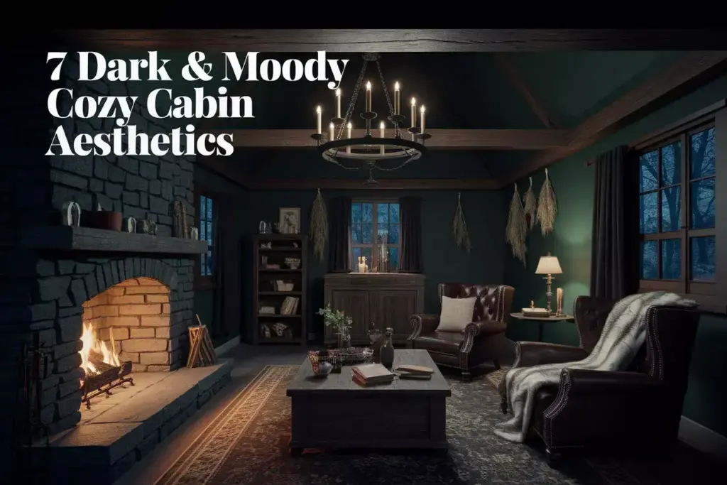Dark Moody Cabin Interior With Stone Fireplace Candlelight And Deep Green Walls