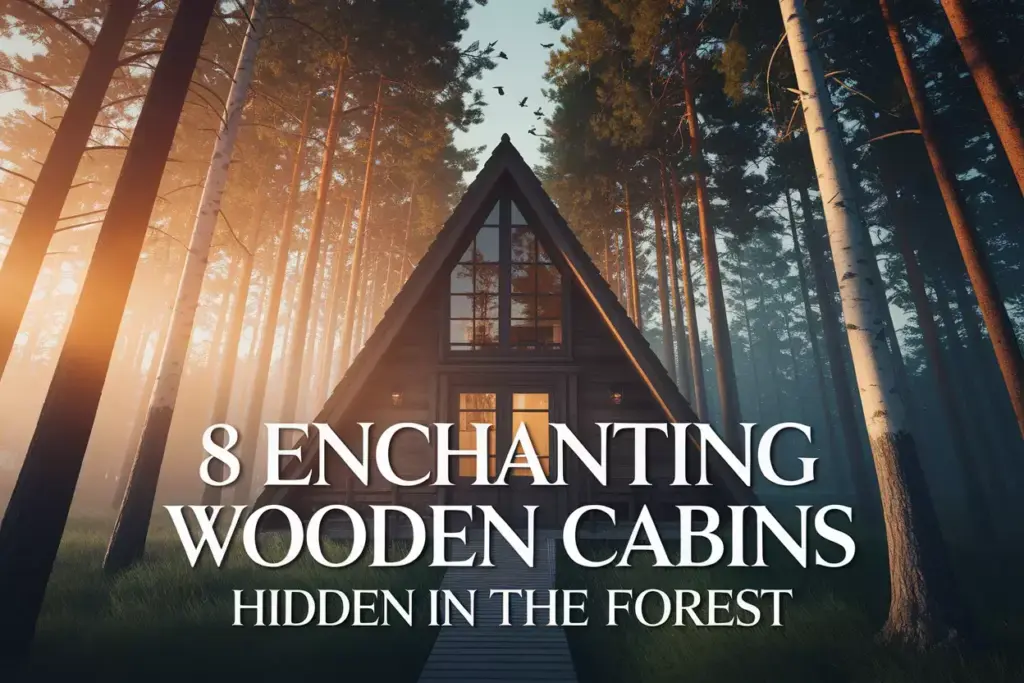 Majestic A Frame Wooden Cabin Nestled In Sunlit Forest With Clear Sky For Text