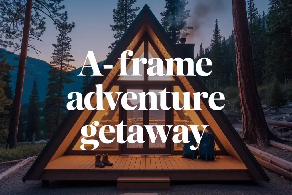 Modern A Frame Cabin In Pine Forest At Dusk With Adventure Gear On Porch
