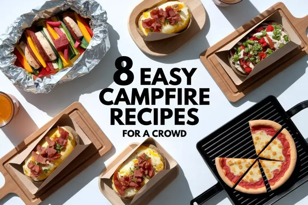 Overhead Flat Lay Of Varied Campfire Meals For Large Group Gathering