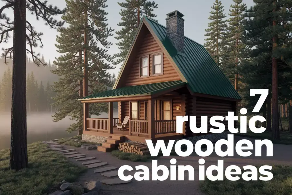 Rustic A Frame Log Cabin In Pine Forest With Stone Chimney And Morning Mist