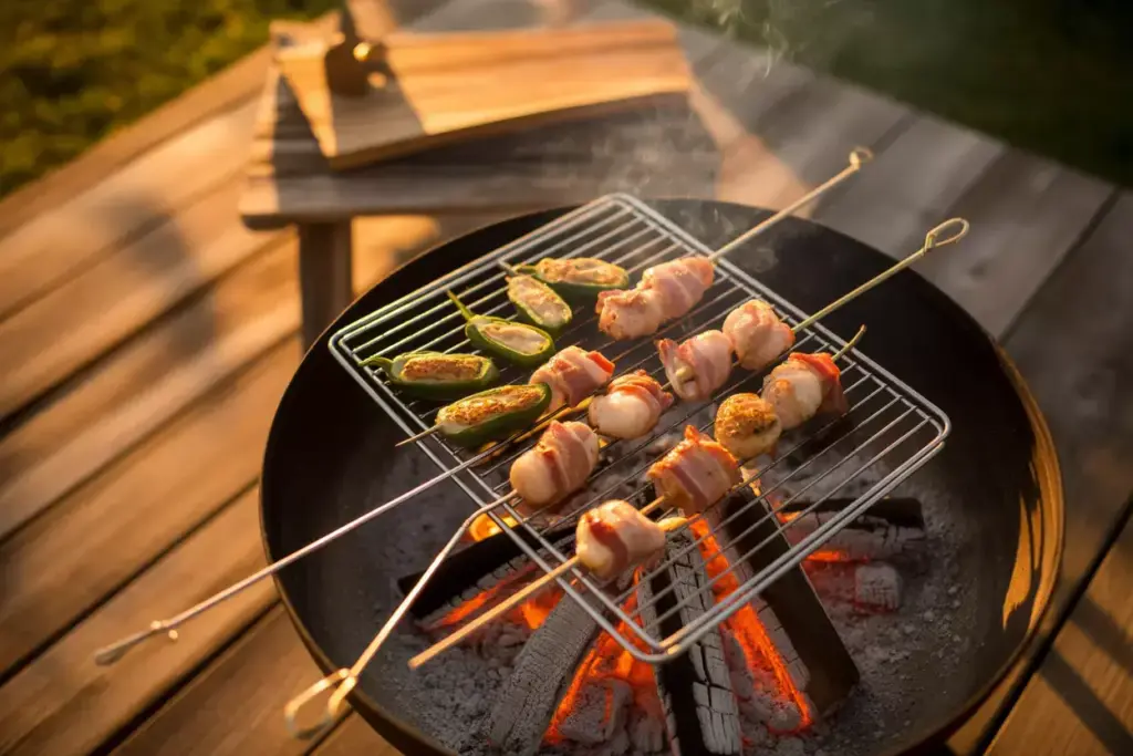 Bacon Wrapped Scallops And Jalapeño Poppers Grilling Over Fire Pit Coals