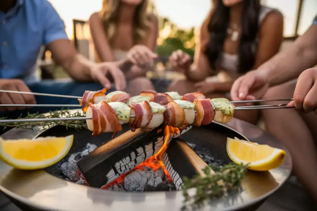 1 Bacon Wrapped Scallops Sizzling On Skewers Over Fire Pit With Herb Butter And Lemon