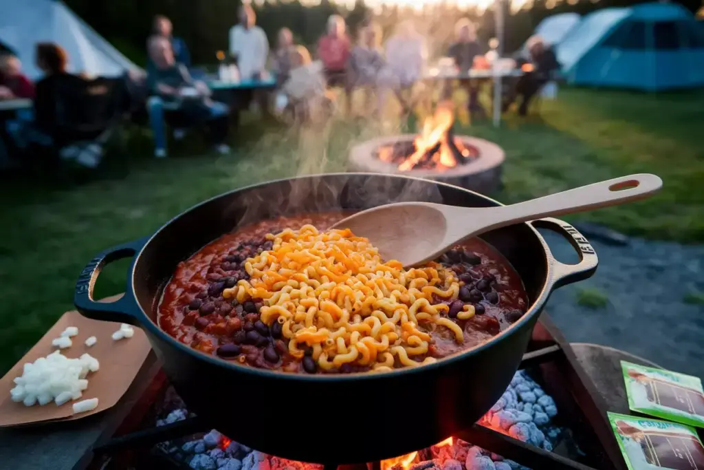 Cast Iron Dutch Oven Filled With Hearty Chili Mac Served At Dusk Campsite