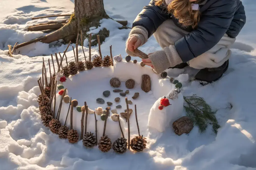 Children Building Snow Fairy Houses With Pinecones And Twigs In Sheltered Forest Location
