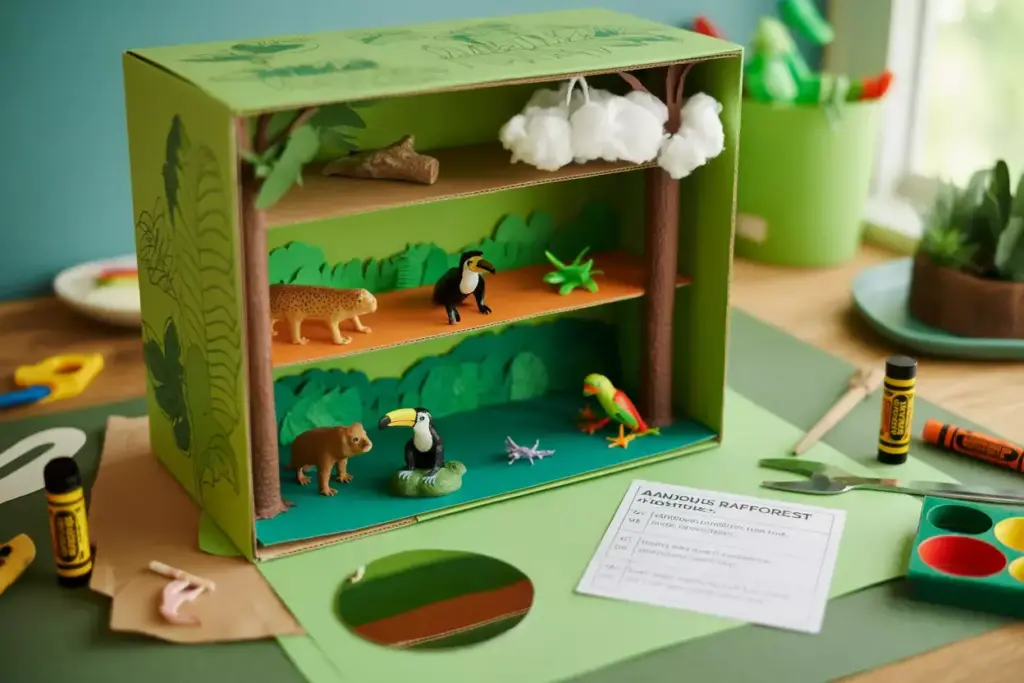 Children Creating Shoebox Diorama Showcasing Amazon Rainforest Layers With Toy Animals And Fact Cards