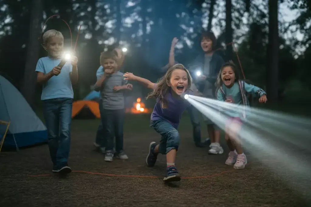 Children Playing Flashlight Tag At Night In Forest Campsite With Glow Sticks And Flashlight Beams