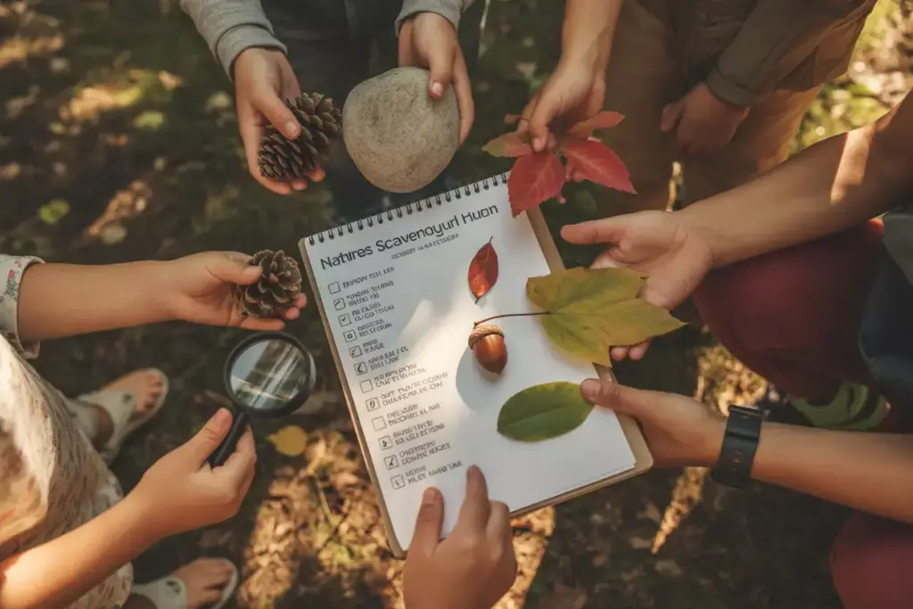 Childrens Hands Collecting Nature Scavenger Hunt Items On Forest Floor With Magnifying Glass