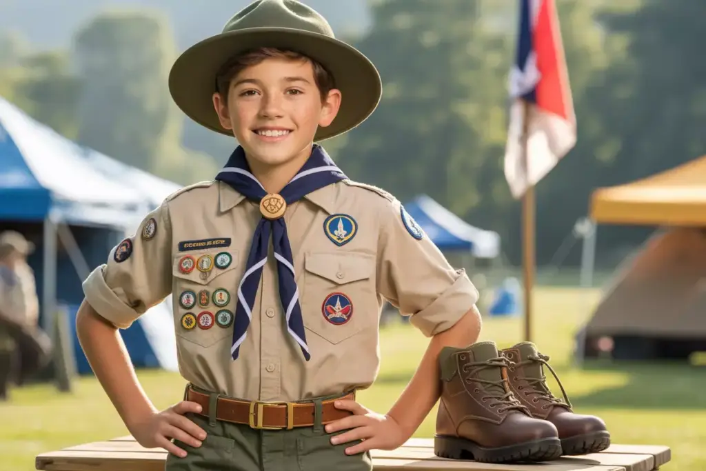 Smiling boy scout in uniform stands outdoors by tents and boots, hands on hips, at a campsite.