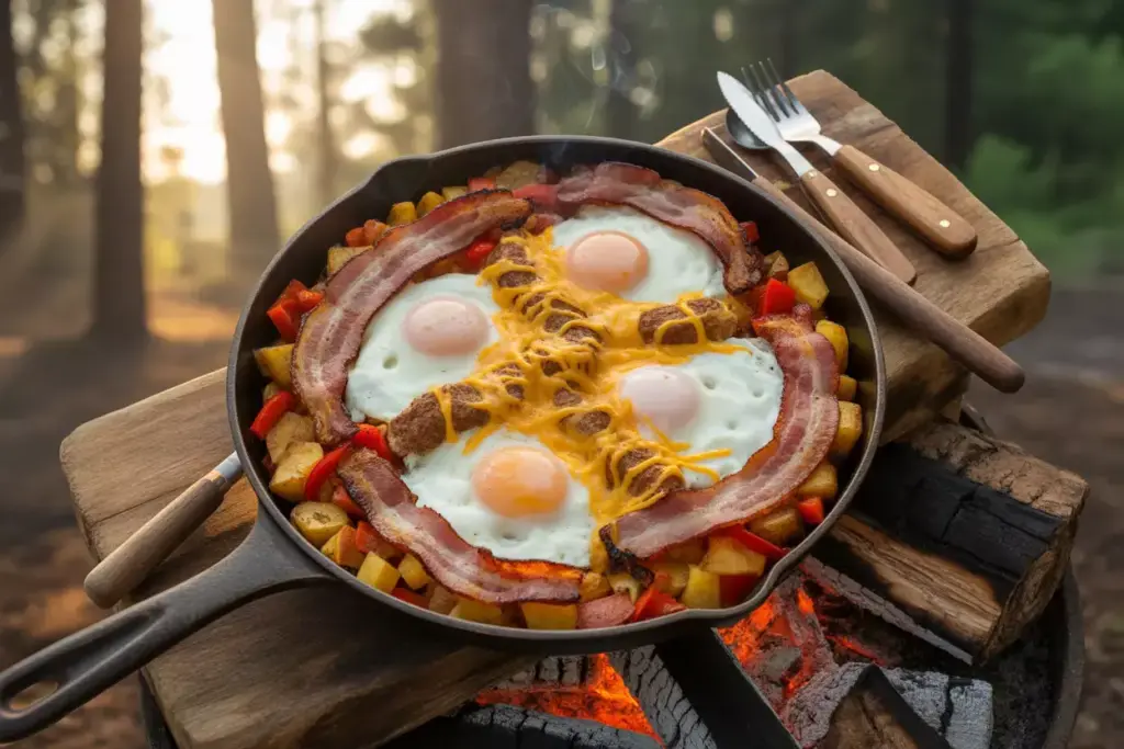 Cowboy Breakfast Hash Cast Iron Skillet Campfire Morning Meal With Bacon Potatoes Eggs Cheese