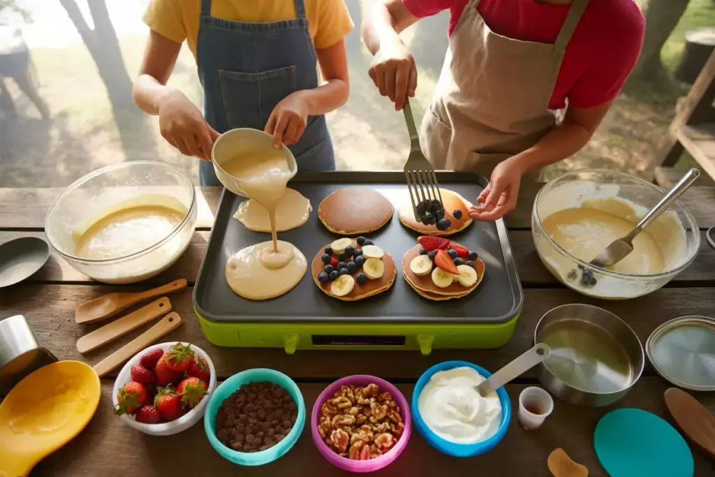 Creative Breakfast Pancake Bar Station With Fresh Fruit Toppings And Young Campers Cooking At Summer Camp