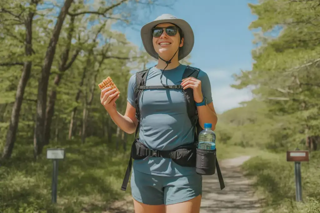 A smiling woman hiking in the woods, wearing a hat and sunglasses, holding a snack and a water bottle.