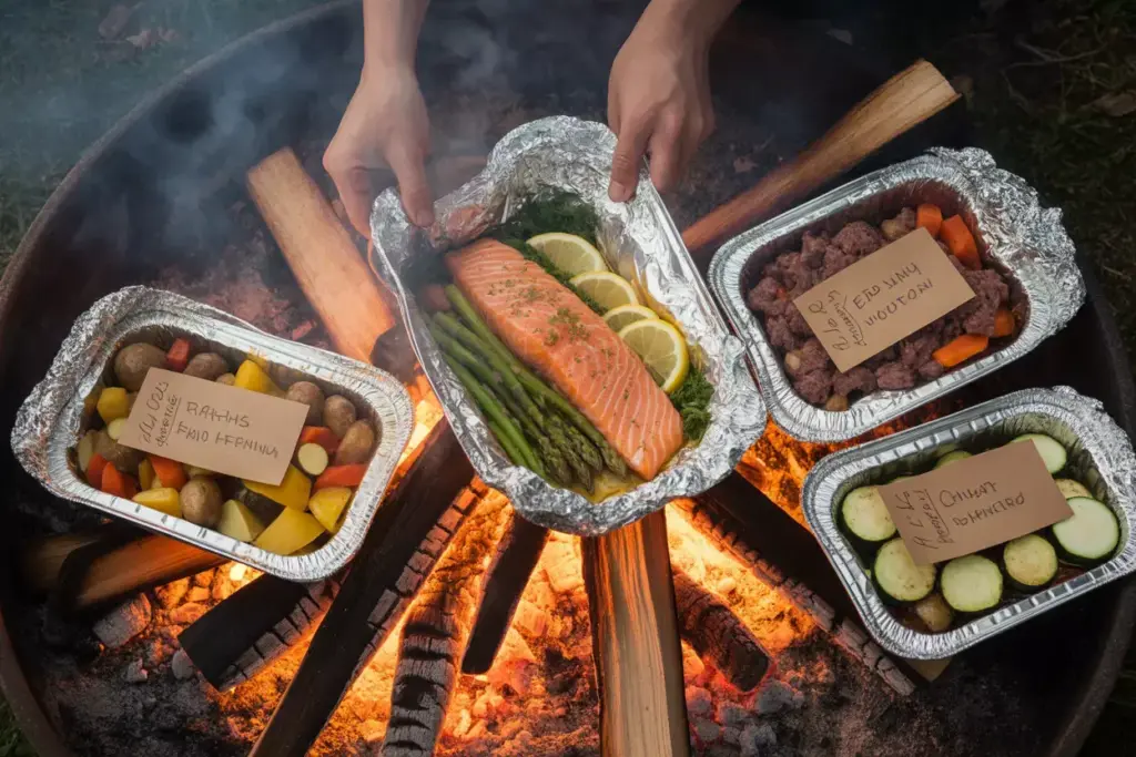 1 Foil Packets With Salmon Vegetables And Meat Cooking In Bonfire Coals Under Starry Sky