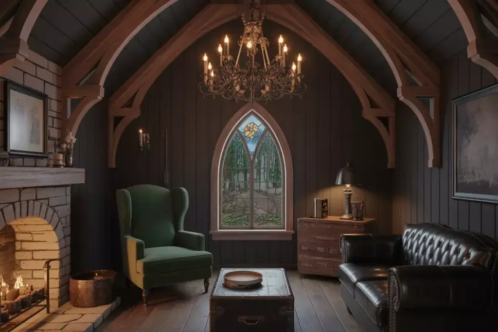Gothic Cabin Interior With Pointed Arch Window Stone Fireplace And Wrought Iron Chandelier