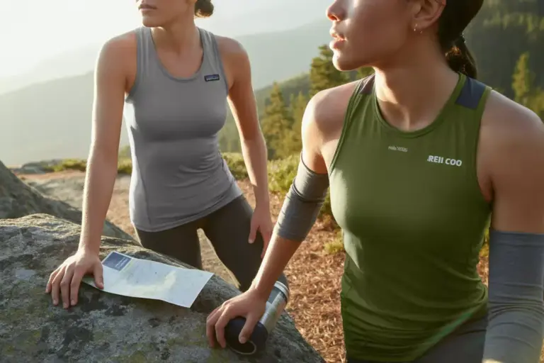 Two women in athletic clothing rest on a mountain trail, one holding a water bottle and the other a map on a rock.