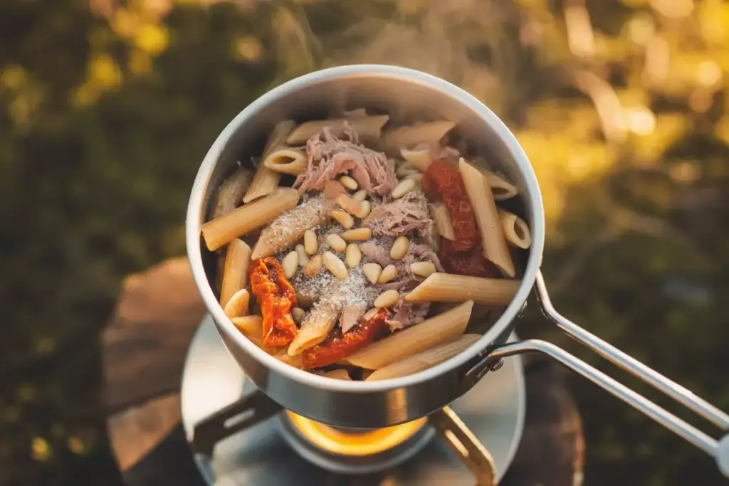 1 Mountain Mediterranean Pasta Cooked In Camp Pot With Tuna Tomatoes Pine Nuts Parmesan