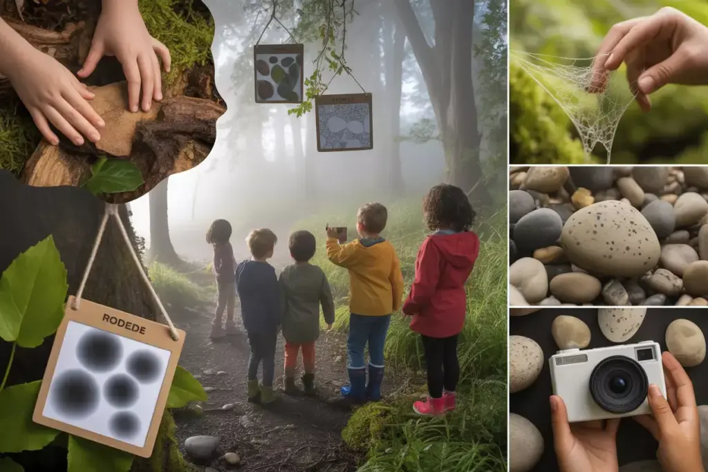 Mystical Nature Scavenger Hunt Children Exploring Foggy Forest With Treasure Cards And Cameras