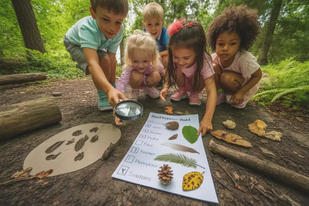Nature Scavenger Hunt With Kids Exploring Forest Floor For Leaves Pinecones And Animal Tracks