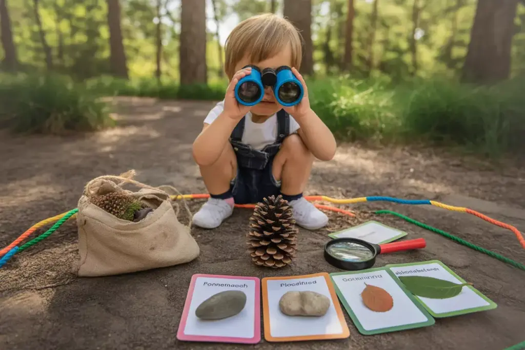 Preschooler Nature Detective Exploring Forest With Scavenger Hunt Cards And Magnifying Glass