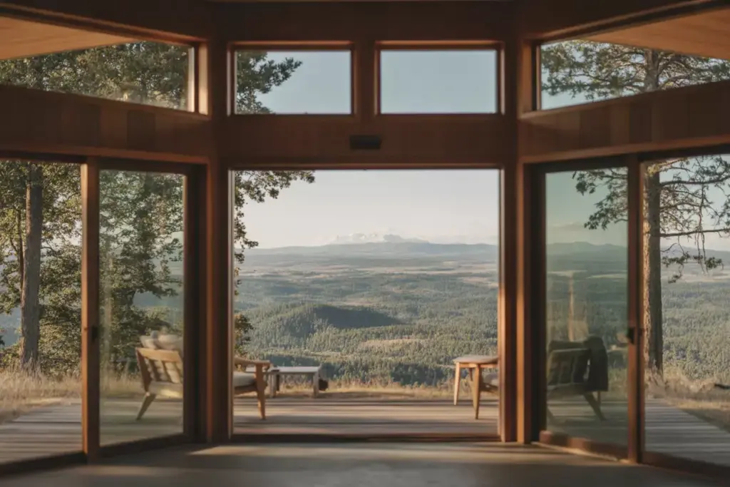 Resort Cabin Great Room With Floor To Ceiling Corner Windows Framing Panoramic Mountain Forest View