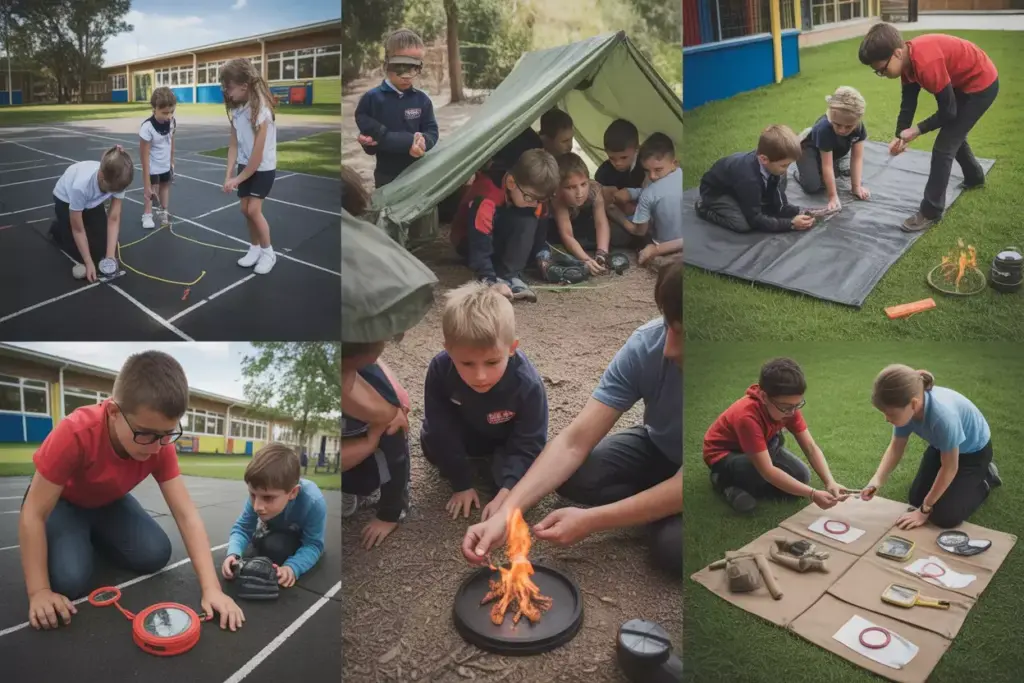 Students Learning Outdoor Survival Skills With Compasses Shelter Building And Safety Demonstrations On School Playground