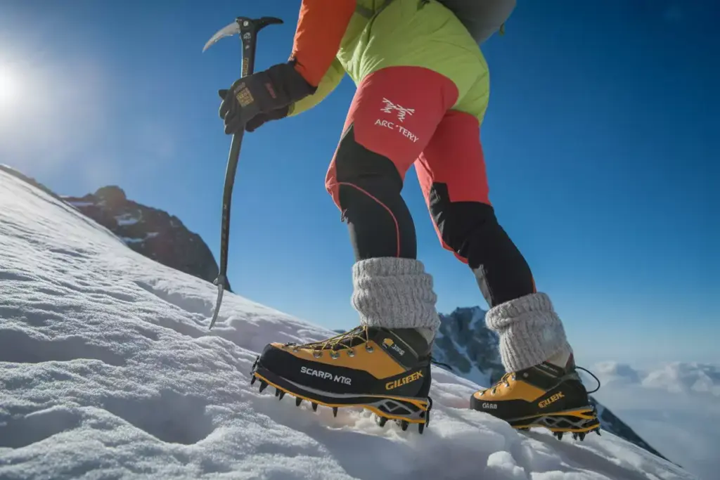 A mountaineer with an ice axe climbs a snowy slope, wearing crampon boots and bright gear.