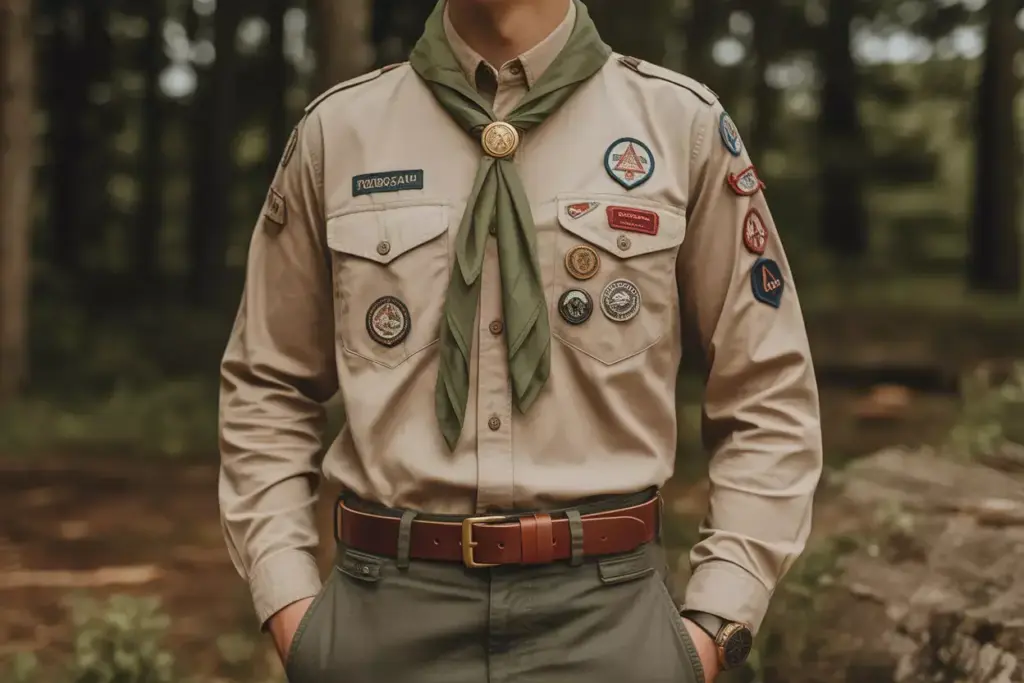 Person in Boy Scout uniform with merit badges and a green neckerchief standing outdoors in the forest.