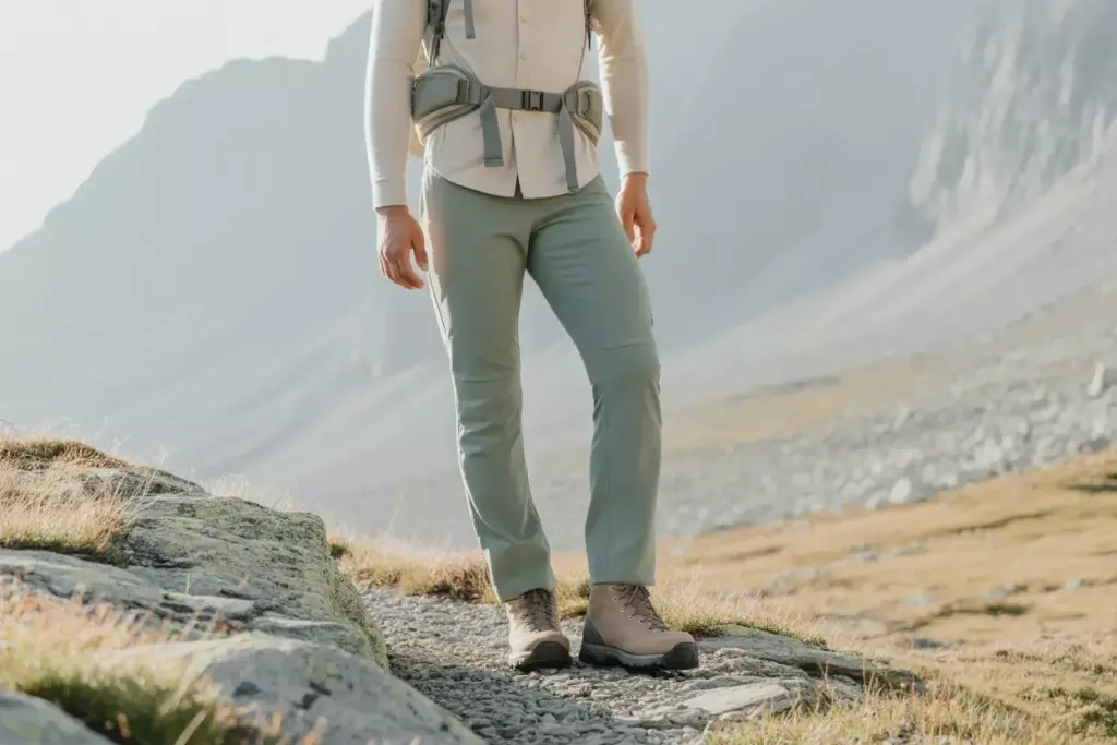Person wearing hiking gear and boots walking on a rocky trail in a mountainous landscape.