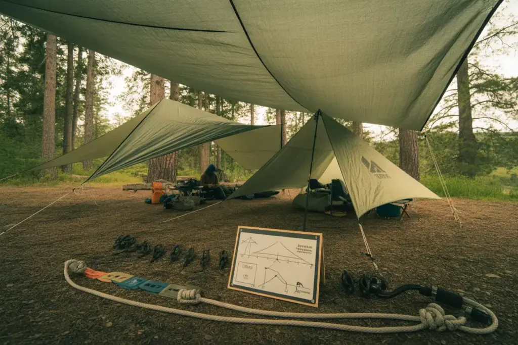Campsite with pitched tarps, camping gear, and a setup instruction board displayed on the ground.