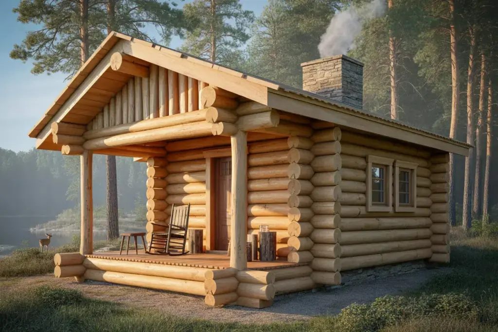 Traditional Hand Hewn Log Cabin With Saddle Notch Corners And Stone Chimney In Forest Setting