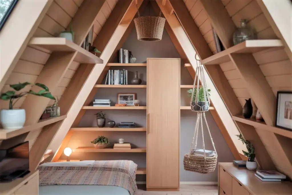 Vertical Storage A Frame Cabin With Floating Shelves And Suspended Baskets Under Rafters