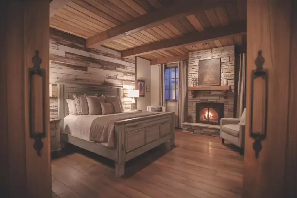 Wood Stone And Wrought Iron Foundation Elements In A Cozy Cabin Bedroom At Dusk