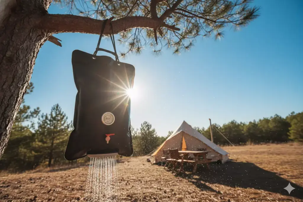 A black camping shower bag hangs from a tree, spraying water, with a tent and forest in the background.