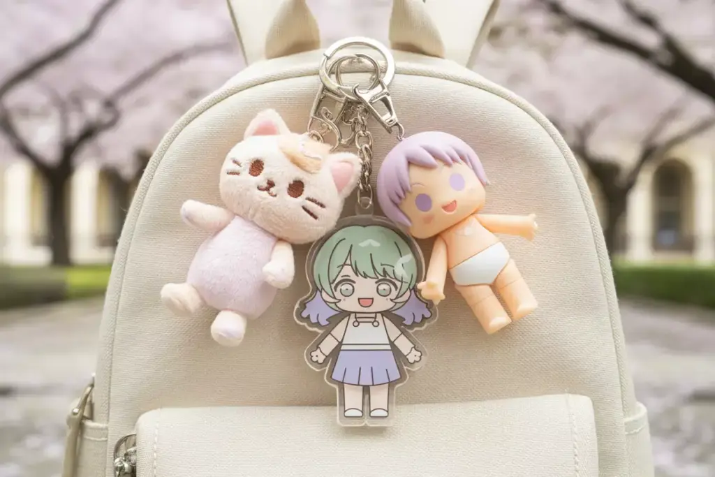 Three cute character keychains—cat, anime girl, and doll—hang on a cream backpack outdoors.