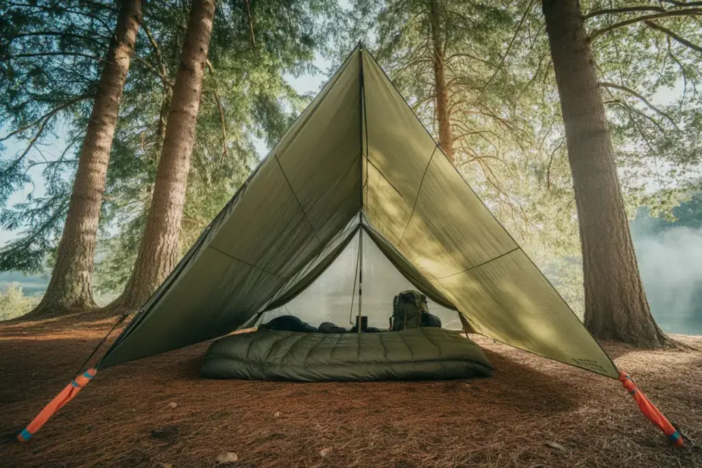A green tent with camping gear inside set up in a forest between tall trees.