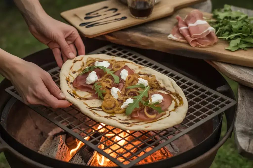 Artisanal Flatbread With Gourmet Toppings Cooking On Fire Pit Grill