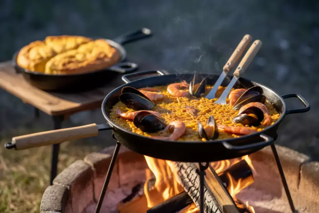 2 Cast Iron Skillet Paella With Seafood And Cornbread Cooking Over Bonfire