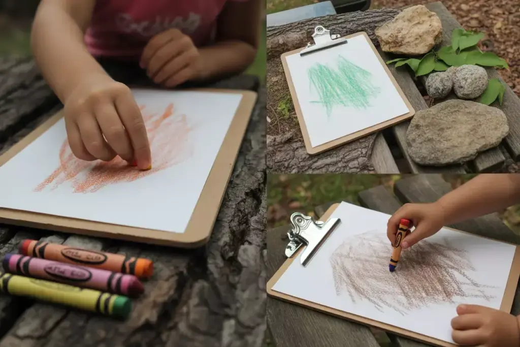 Child Creating Nature Texture Rubbings With Crayons At Campsite Table