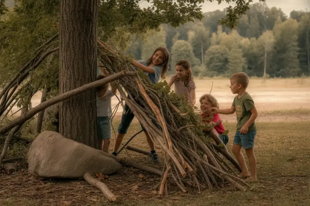Children Building Natural Lean To Fort With Fallen Branches Against Large Forest Tree