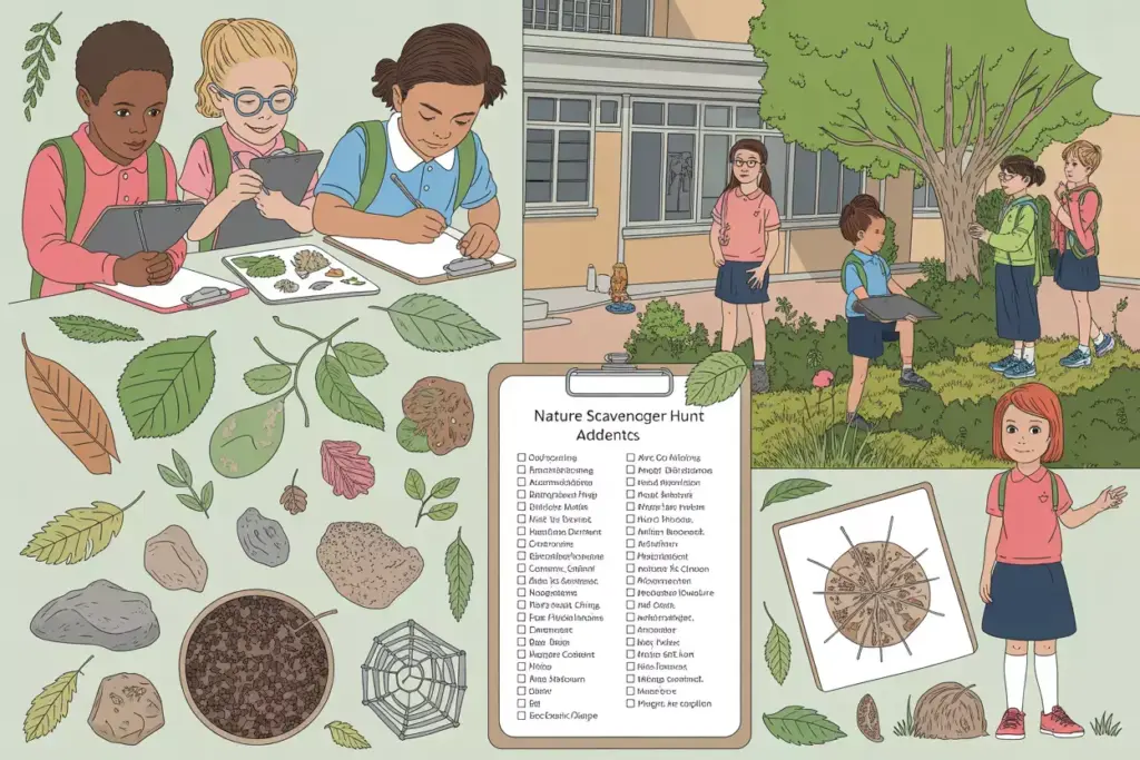 Children Conducting Nature Scavenger Hunt With Botanical Samples And Scientific Documentation At School