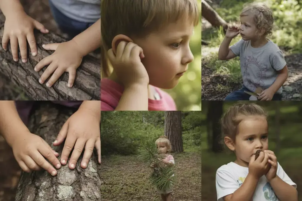 Children Exploring Forest Textures Sounds Scents During Sensory Nature Walk