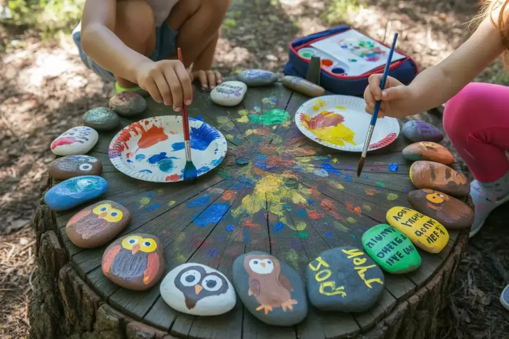Children Painting Detailed Animal Designs And Inspirational Words On Smooth Rocks At Forest Campsite