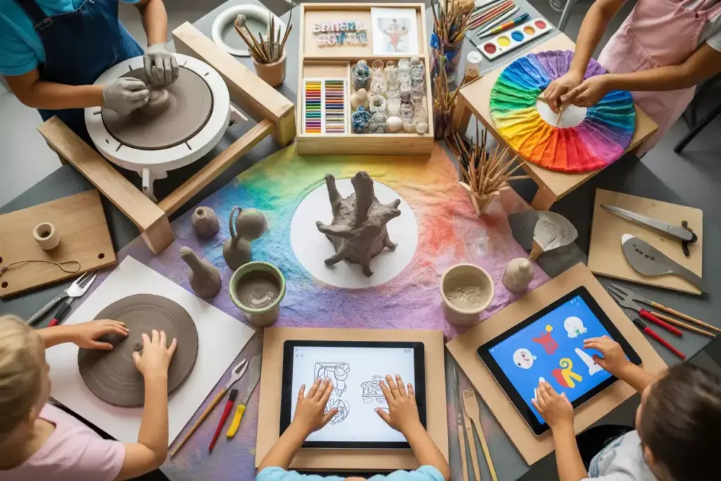 Childrens Hands Creating Pottery Tie Dye And Woodworking Projects In Art Studio