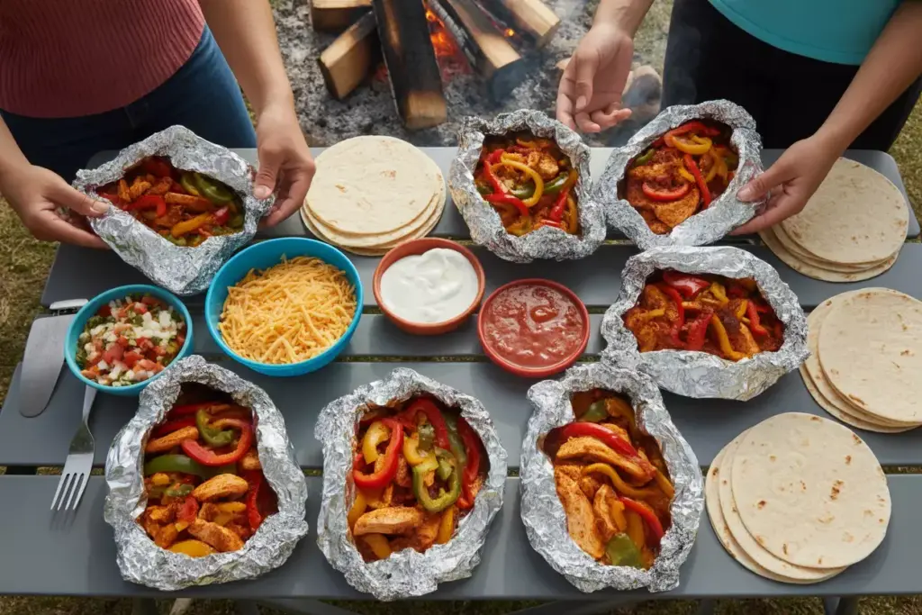 Colorful Foil Packet Fajitas With Chicken Vegetables Campfire Toppings