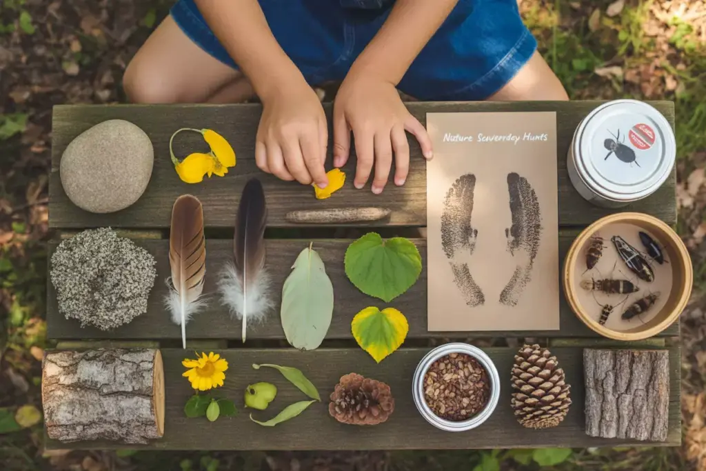 Completed Nature Scavenger Hunt Collection With Rocks Flowers Feathers And Pinecones On Wood