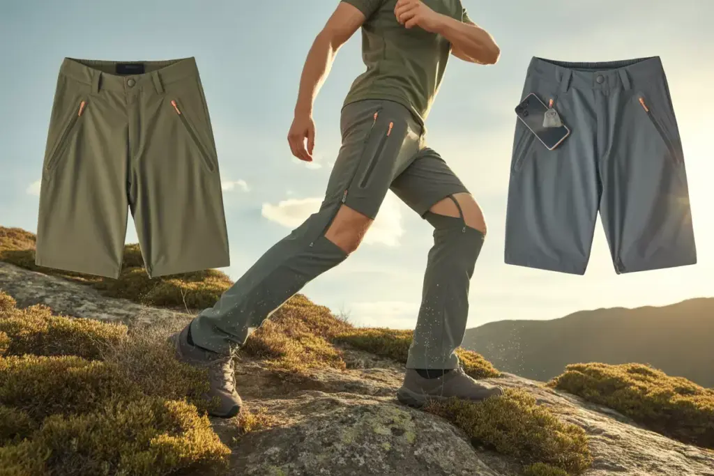 Person hiking in zip-off pants with detachable legs; two pairs of shorts displayed on each side.